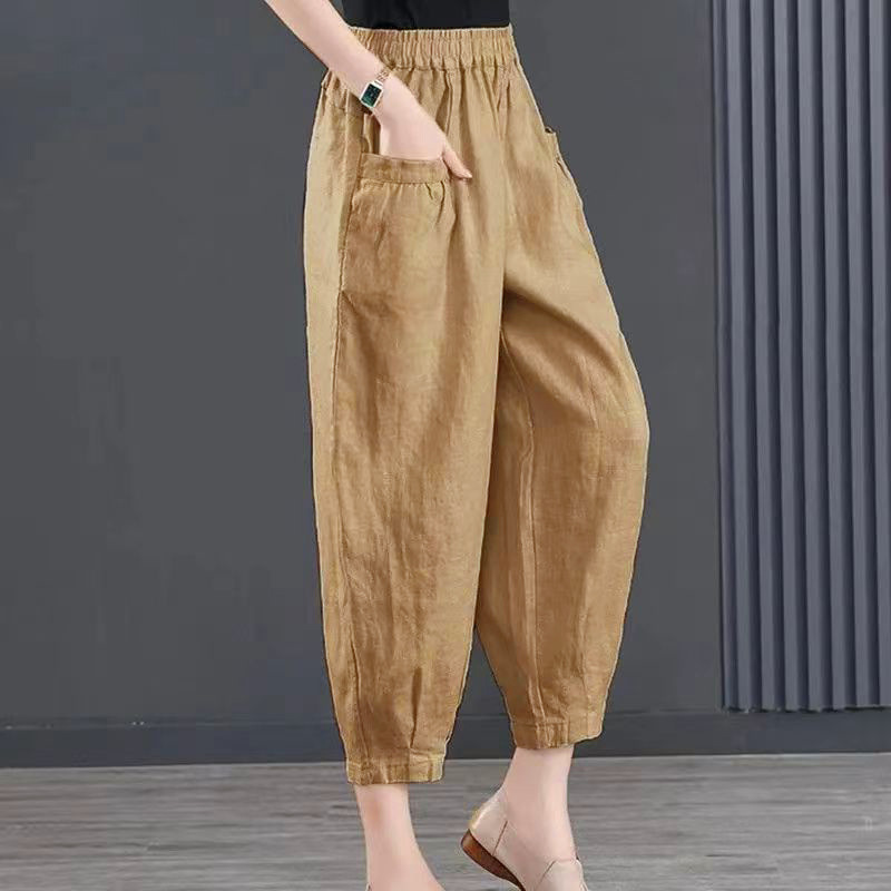 Ice Silk Cotton and linen nine-inch women's pants 2025 Summer new style elastic waist lantern pants Retro loose eight-inch Halon women's pants Application Scenario