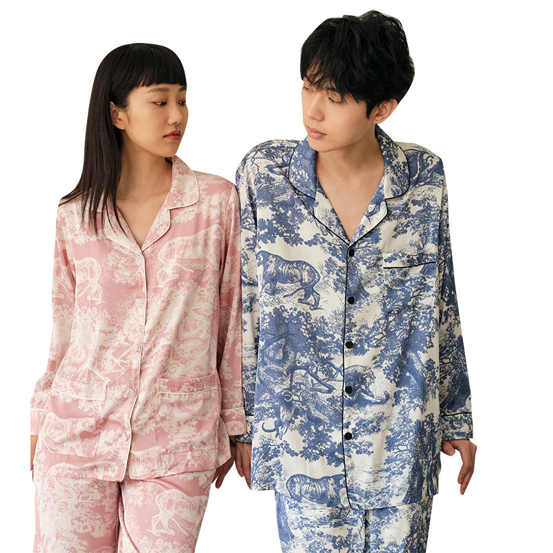 Couple ice silk pajamas, women's summer and autumn new style satin high-end look, can be worn outside men's home wear set wholesale Item Picture