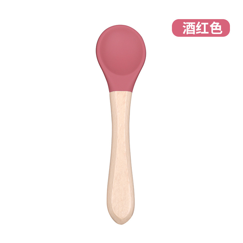 Baby silicone beech wood spoons and forks, soft spoons and forks, baby tableware set, children's learning to eat silicone forks and spoons Item Picture