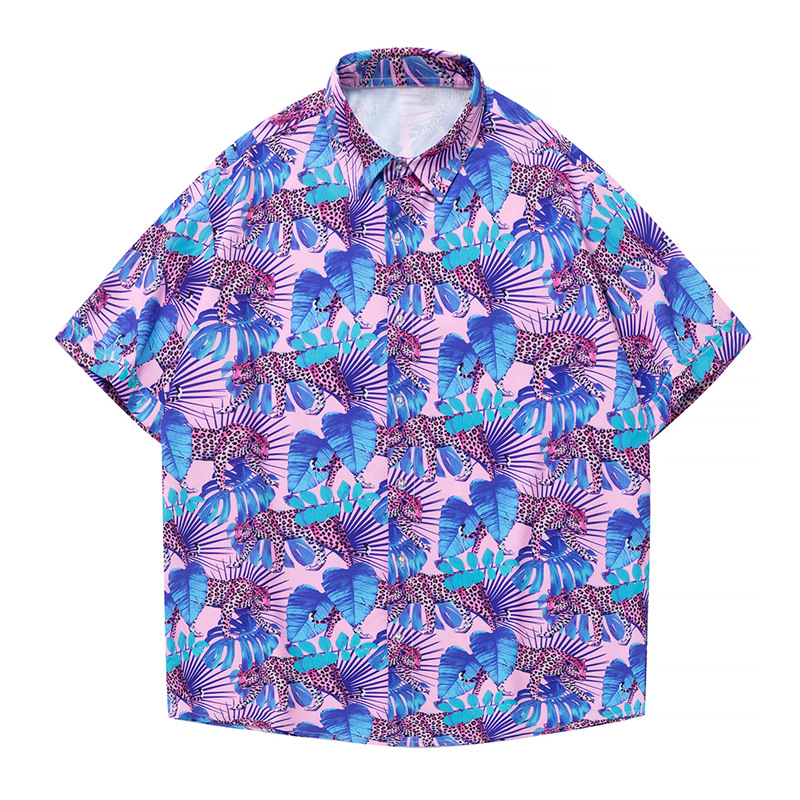 Summer new short-sleeved floral shirt, stretch Hawaiian short-sleeved men's loose beach jacket, half-sleeved shirt