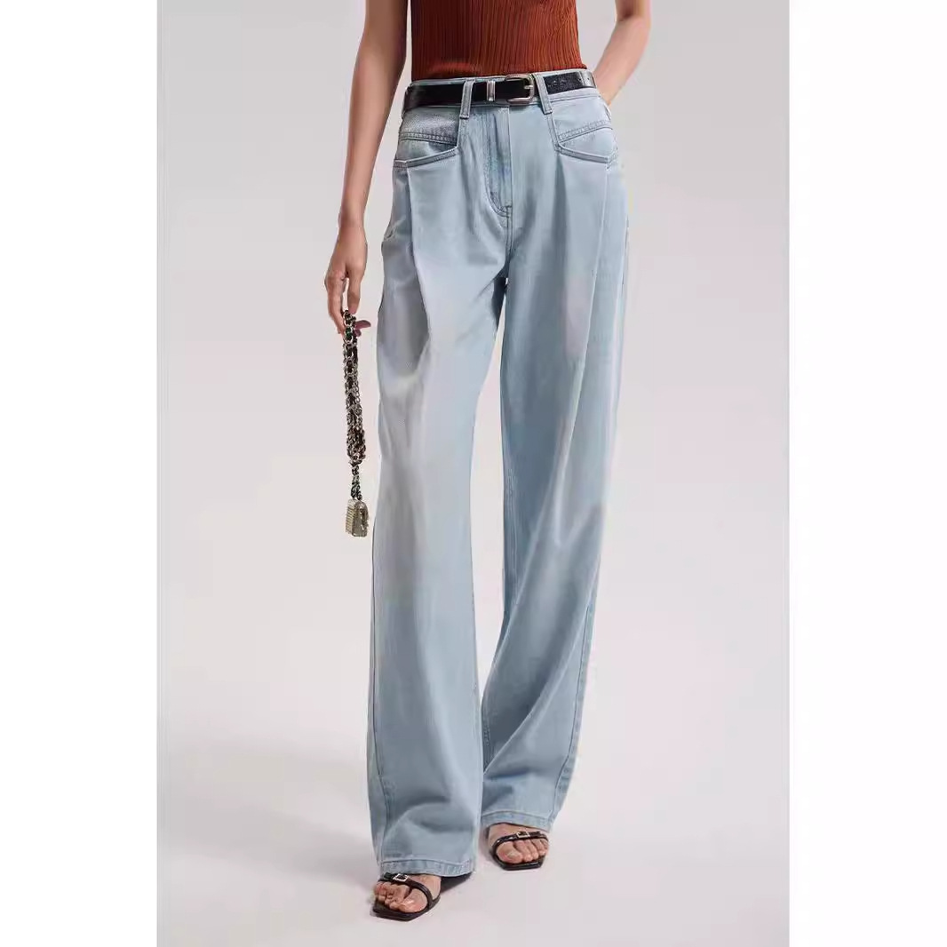 2024 New design Tencel long-staple cotton matte washed high-waisted straight-leg long pleated jeans for women Application Scenario