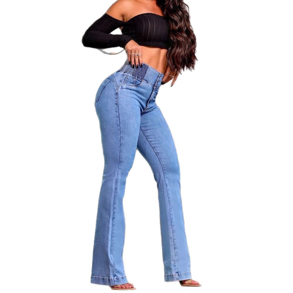 Amazon AliExpress 2025 European and American cross-border stretched-waist high-waisted, elastic, tight-fitting, slightly flared, hip-lifting denim trousers Item Picture