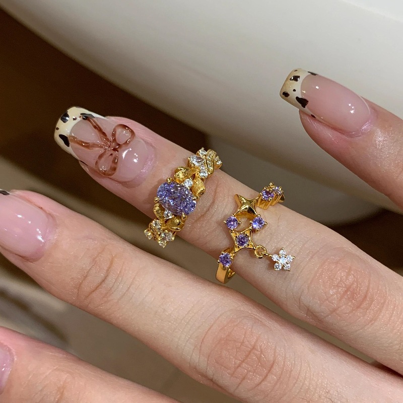 Vintager's mid-style brushed starry sky tassel ring and Bauhinia flower light luxury high-end court style index finger ring