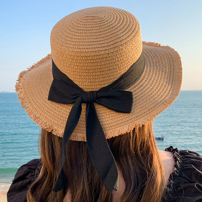 Hat Spring Summer Women Fashion Straw Hat Seaside Holiday Beach Hat Flat Ribbon Bow Sun Hat Wholesale Specification drawing
