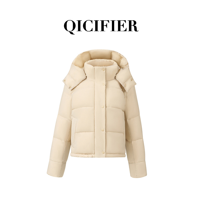 QCFE新款冬季90白鸭绒运动连帽羽绒服女时尚保暖运动长袖短款上衣