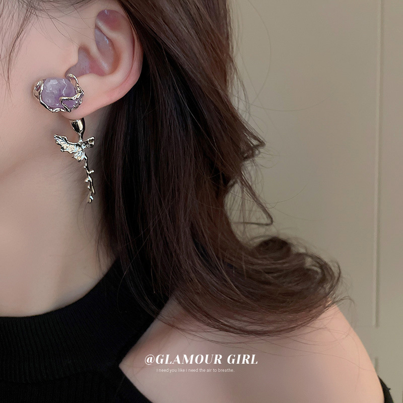 银针紫晶玫瑰花朵双面带耳环韩国小众高级感气质耳钉时尚耳饰批发