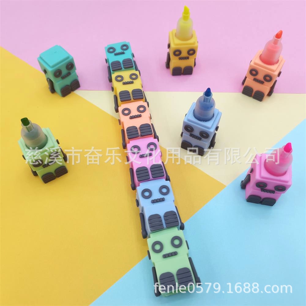 迷你机器人卡通拼接荧光笔 学生标记手账笔 划重点记号笔创意文具