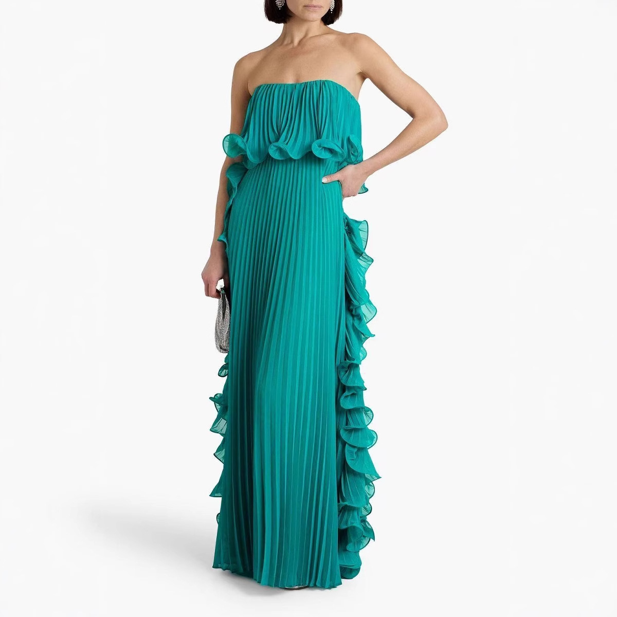 Cross-border European and American women's 2025 summer new ins wind pressure pleated wraparound large hem dress full figure