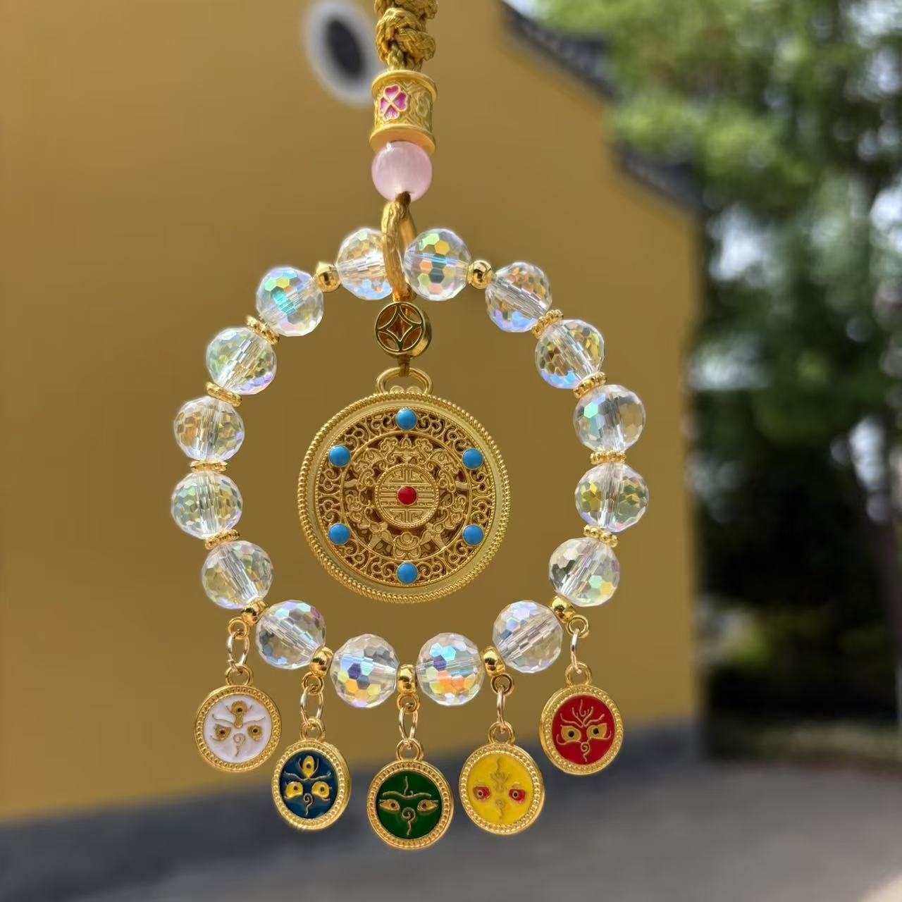 Lingyin's new lucky bag, five-way God of Wealth car pendant, five-color crystal peace lock, bag pendant, Chinese-style accessories, and national trend accessories Application Scenario