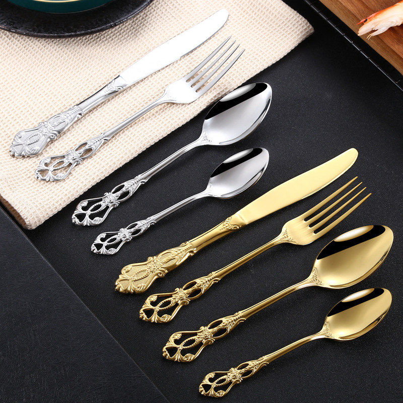 304 stainless steel knife, fork and spoon Western tableware Creative Imperial Court retro relief steak knife, fork and spoon four-piece set gift box Specification drawing