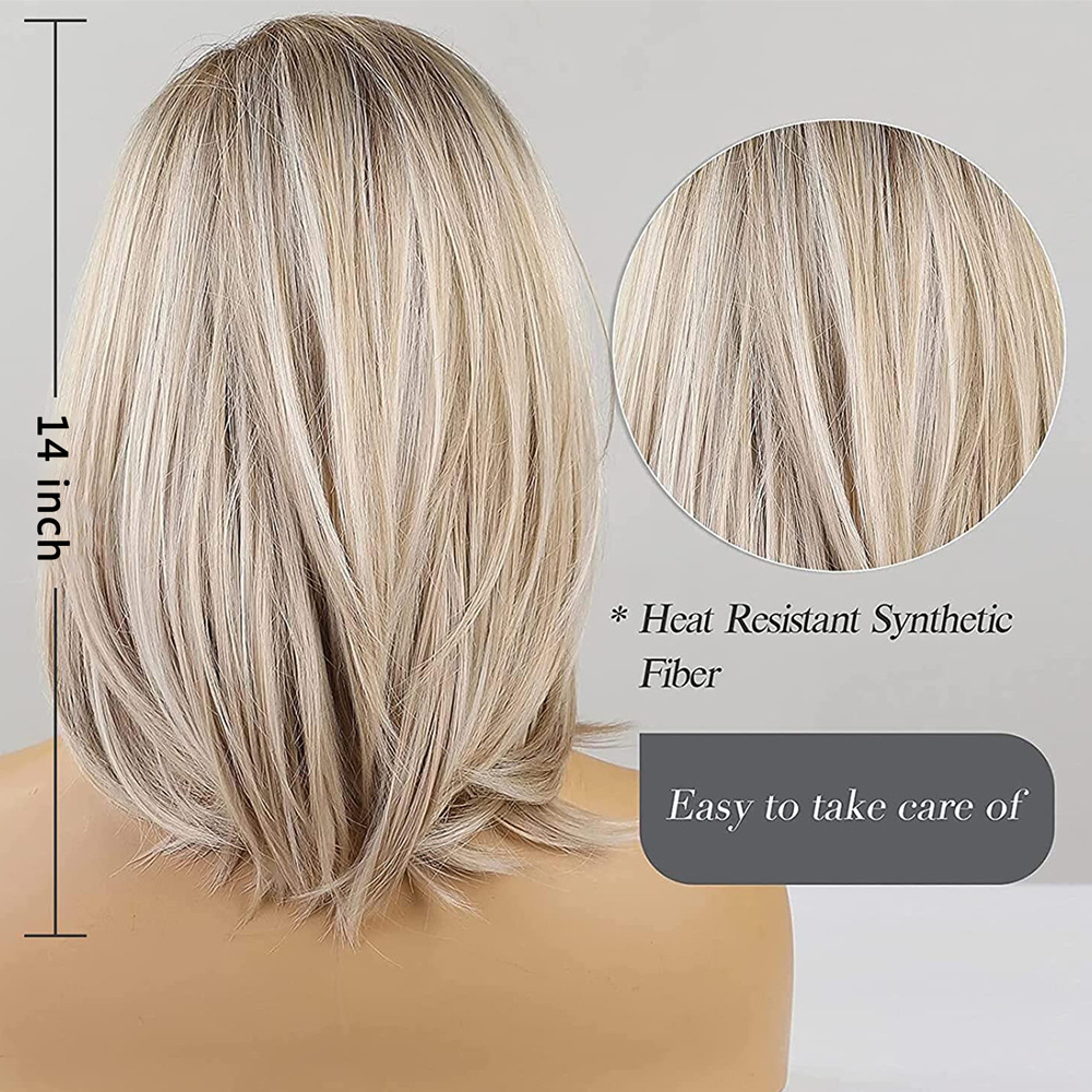 Transfronterizo europa y Estados Unidos mujer peluca gradual oro ocho tipo flequillo hasta el hombro corto cabello recto comercio exterior fibra química cabeza set wigs Item Picture