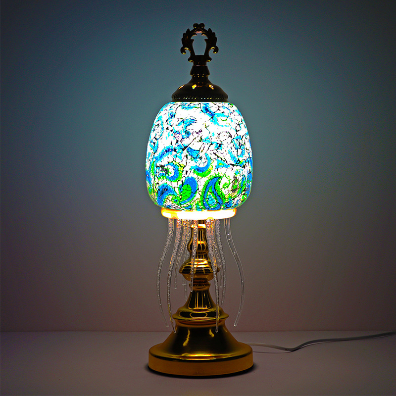 Mediterranean retro romantic bedroom headboard, living room bar counter, pure handcrafted Southeast Asian Turkish colored glass table lamp details Picture