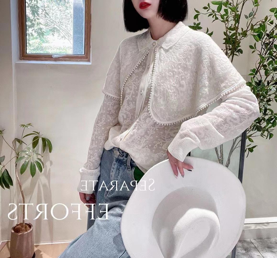 European pearl-trimmed cape lapel knitted cardigan women's lace sweater coat is fashionable, stylish and makes you look younger details Picture