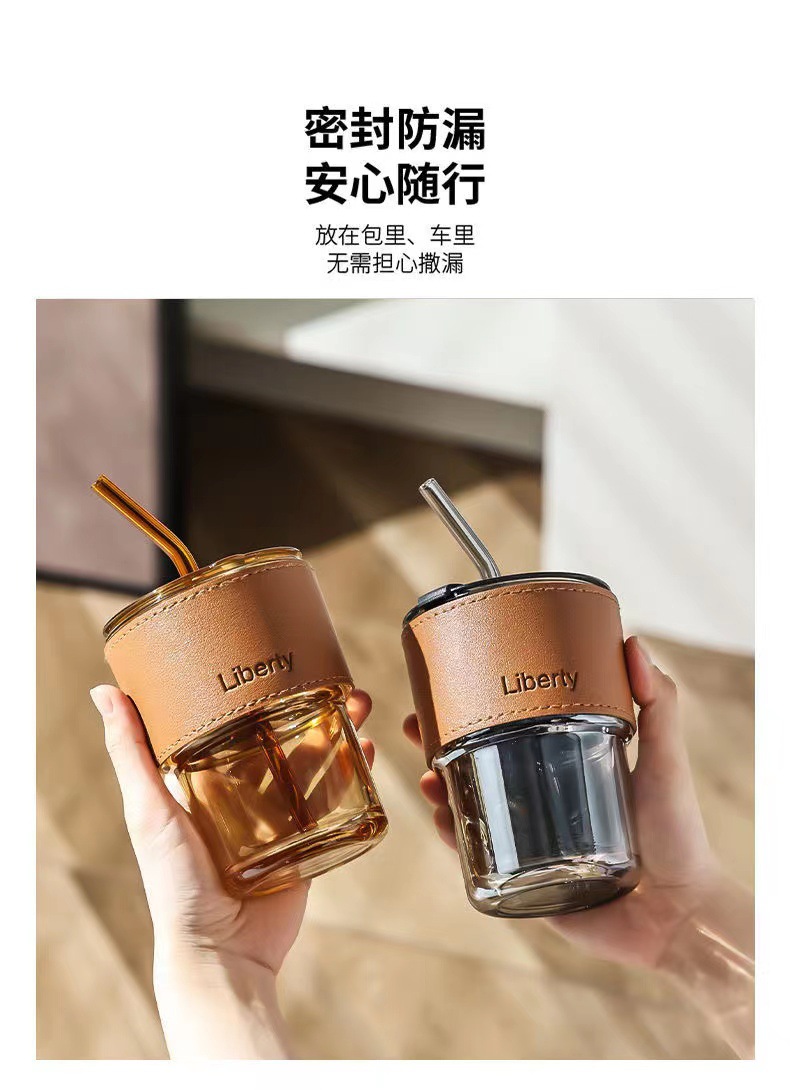 INS bamboo joint glass cup, double-drinking straw cup, high-temperature resistant office gift cup, beverage coffee cup pic 8