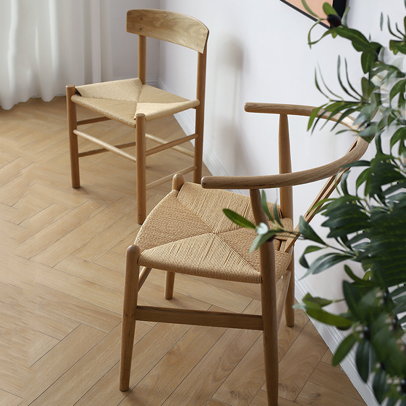 Nordic white oak solid wood dining chairs, tea house retro casual backrest, Chinese rope-woven circle chairs, Japanese cowhide and hemp rope chairs Specification image