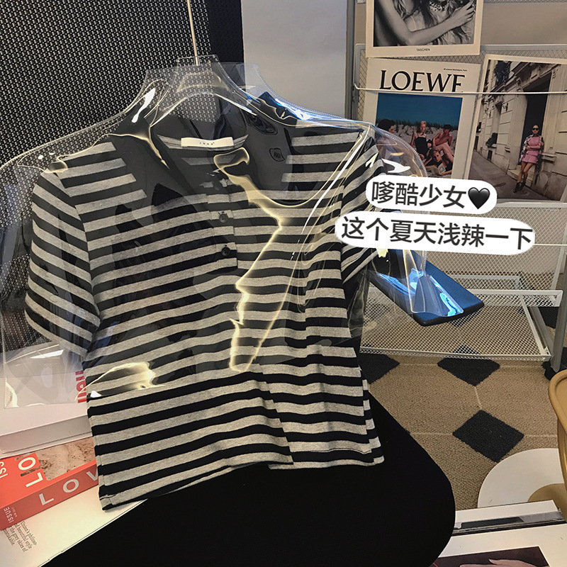 夏季款女士纯棉短袖宽松POLO衫针织T恤条纹海军风海魂衫翻领