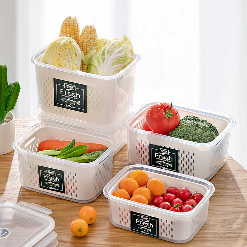 冰箱双层沥水保鲜盒果蔬干货密封盒厨房保鲜收纳盒