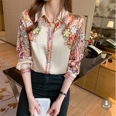 Retro positioning printed top 2021 autumn collection new satin long-sleeved shirt details Picture