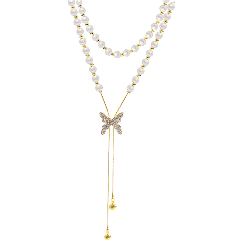 Douyin's best-selling pull-out pearl necklace, a versatile and niche design for women, butterfly pendant, collarbone chain accessory wholesale Item Picture