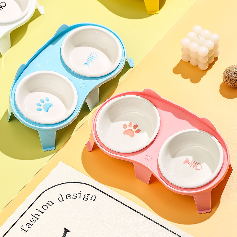 Cat Bowl Ceramic Cat Food Bowl Cat Bowl Pet Bowl Diagonal Protection Of Cervical Vertebrae To Prevent Upset Two Bowls Drink And Feed One details Picture