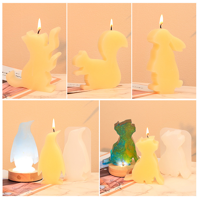 diy silicone mold for animal scented candles with resin coating, puppy, rabbit, kitten and squirrel, gypsum display stand mold Specification image