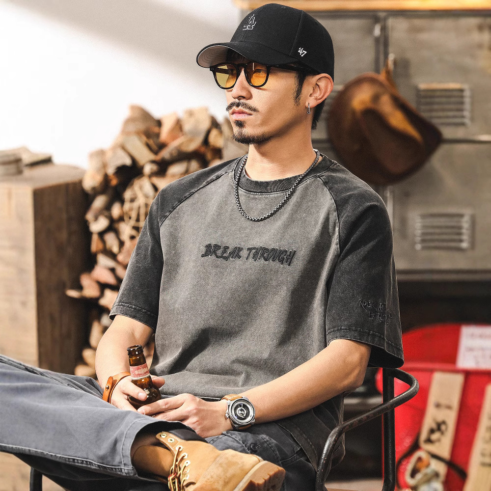 260-gram heavy embroidery loose American retro pure cotton double yarn T-shirt for men, short sleeve, 2025 new style, half sleeve details Picture