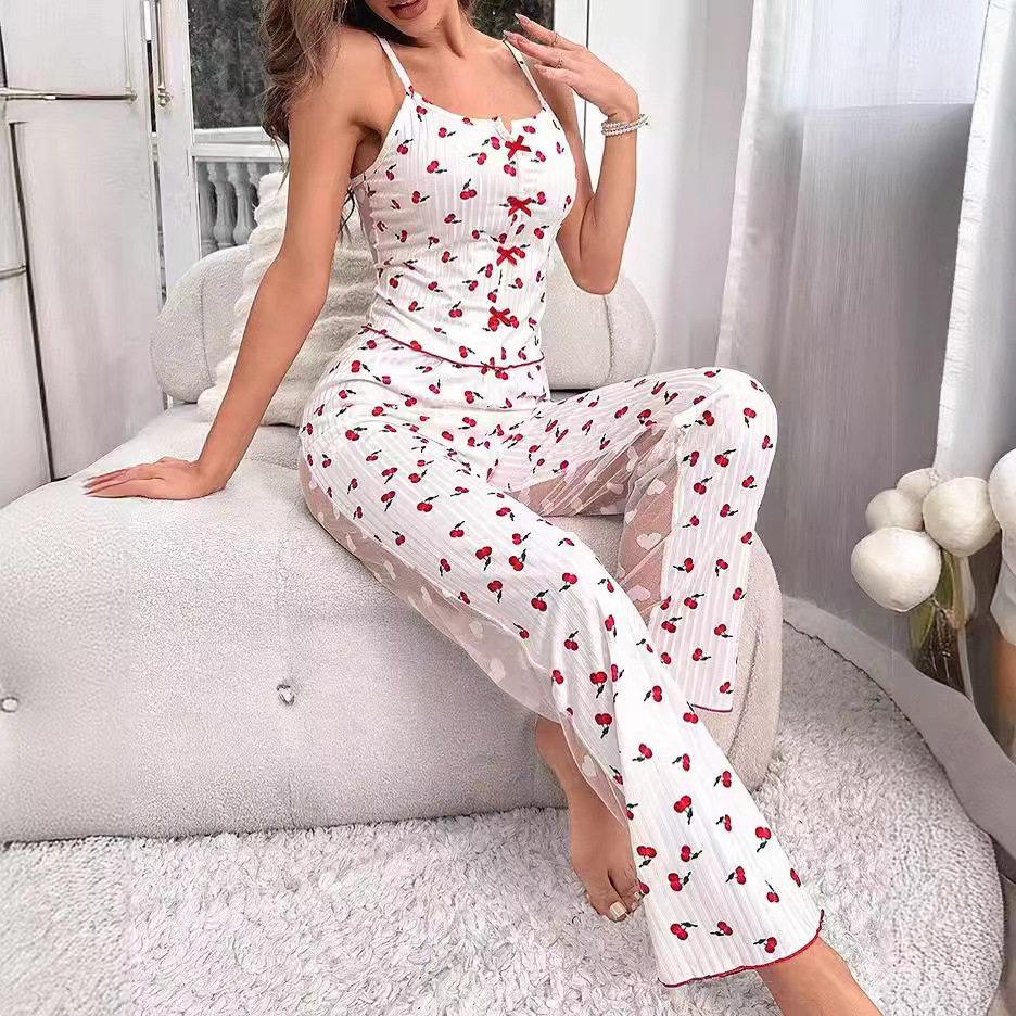 YANNI2024 Amazon AliExpress printed color-blocking mesh Home Wear Front Slit halter pajama Set