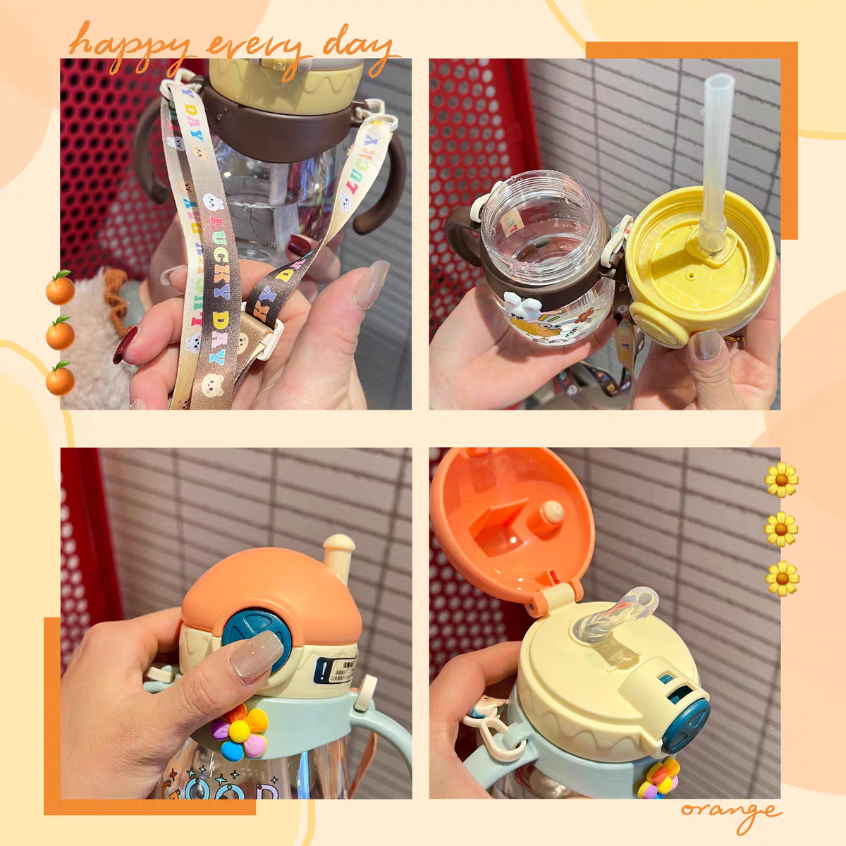 Children's straw cups, drinking cups for babies over one year old, learning drinking cups with scales, durable and drop-resistant, cute water bottles for kindergartens Item Picture