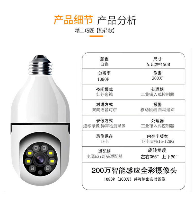 外贸热款智能无线WIFI全彩灯泡摄像头家用高清夜视1080P安防监控详情图5