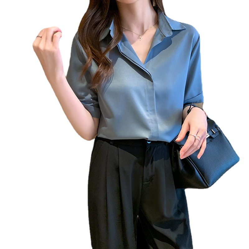 Real photos of in-stock 2025 summer new chiffon shirt for women, short-sleeved, simple and elegant office lady shirt and top for women Item Picture