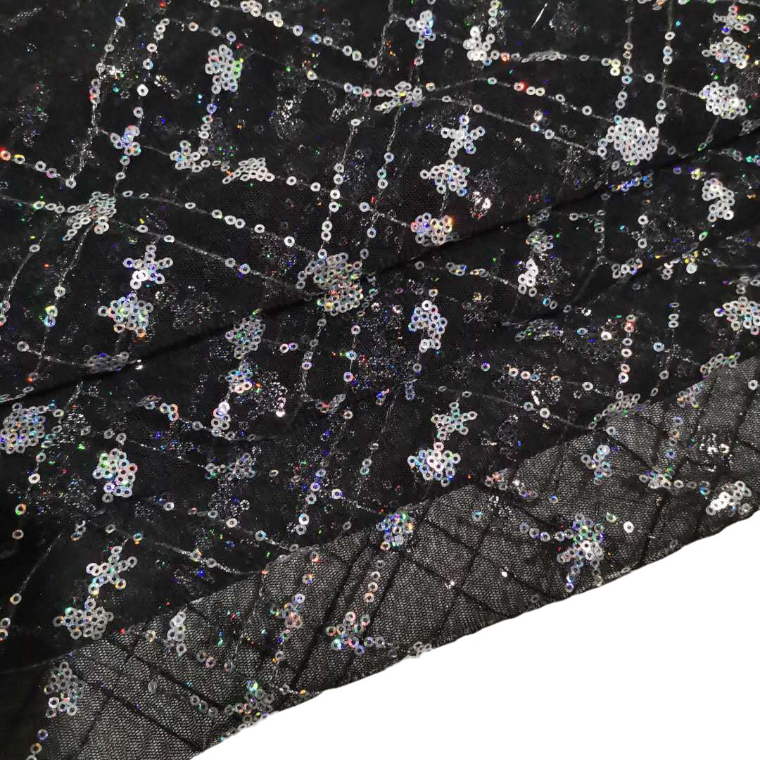 Hongli Technology HLJC-337 Europe Station Women's clothing sequined embroidery fabric lace dress, evening dress, wedding dress, checkered embroidery sequined fabric, supports cut rice sample, direct supply and customization in stock Item Picture