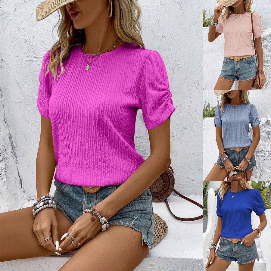 New round-neck, fashionable, pleated short-sleeved T-shirt top for Spring and Summer on Amazon's independent store for cross-border women's clothing from Europe and America in 2025