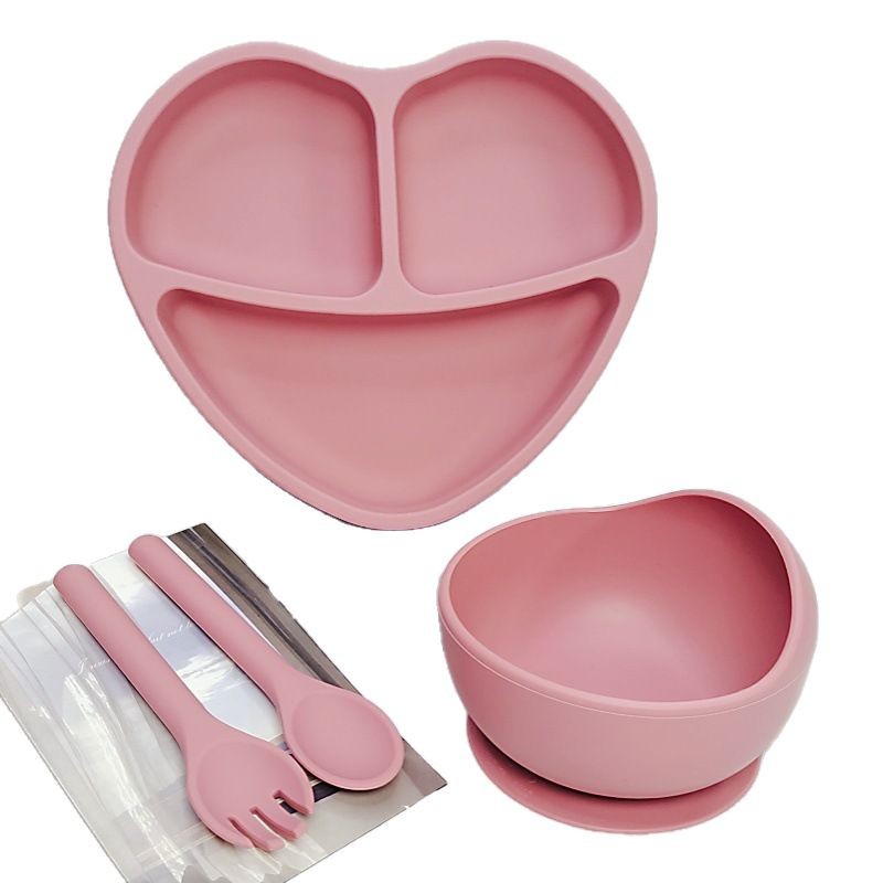 Children's silicone dinner plates, baby products, baby complementary food bowls, forks and spoons, heart-shaped dinner plates, four-piece tableware set in stock Item Picture
