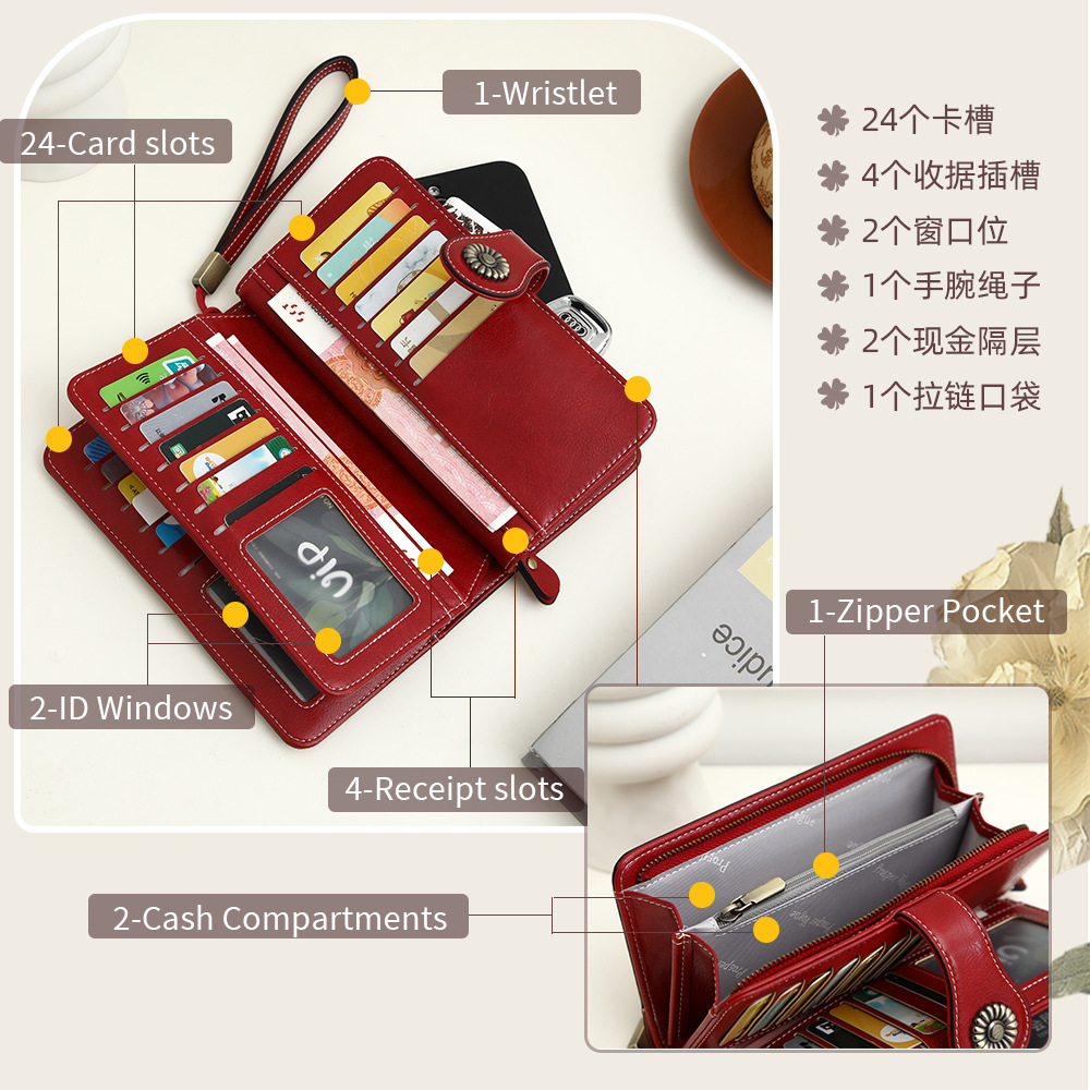 Cross-border blast RFID anti-magnetic monedero para mujeres europa y américa retro piel de cera de aceite calado billetera de dinero cartera de mano de gran capacidad Application Scenario