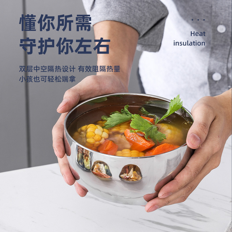 304 Stainless Steel Bowl Double Insulated Platinum Bowl Children's Drop Resistant Student Bowl Soup School Canteen Household Rice Bowl details Picture