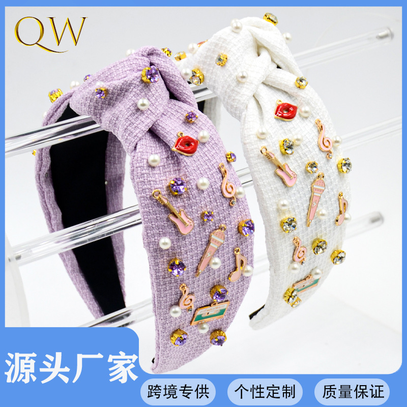 Qiwei Accessories' exclusive cross-border new music hair band with waffle fabric knots and diamond microphone notes guitar alloy accessories