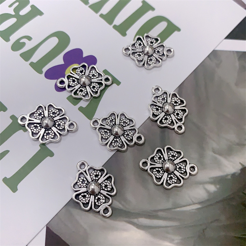 DIY zinc alloy jewelry accessories, double hanging hollowed-out flower simple necklace, bracelet, beaded connector, pendant details Picture