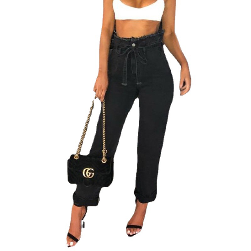 Cross-border wish Amazon AliExpress women's jeans flower bud high-waisted fringed lace-up jeans women's style cow details Picture