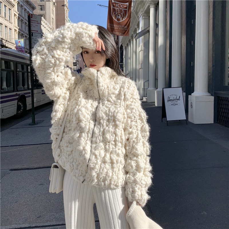 2021 Winter New Elegant Pure Handmade Thick Needle Thick Wool Lapel Cardigan Coat Sweater Specification drawing