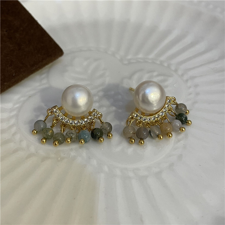 Unique National Style Natural Pearl Tourmaline Tassel Earrings High-Grade Retro Light Luxury Studs Short Drop Gift Application Scenario