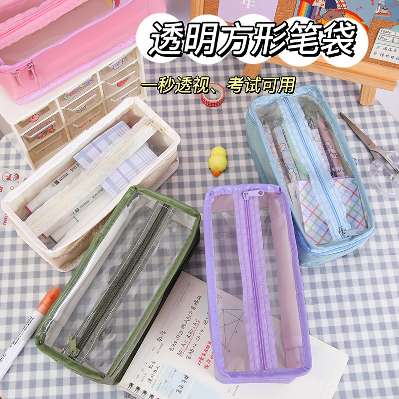 Simple and colorful file bag, cosmetic bag, multi-color simple pen case, double zipper bag, multi-functional transparent storage file bag details Picture