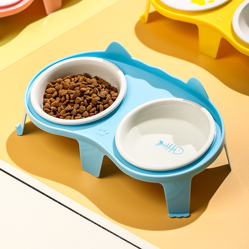 Cat Bowl Ceramic Cat Food Bowl Cat Bowl Pet Bowl Diagonal Protection Of Cervical Vertebrae To Prevent Upset Two Bowls Drink And Feed One Specification drawing
