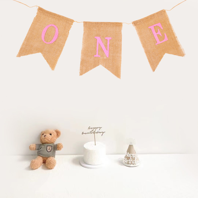 Factory direct supply of birthday ONE linen swallow-tailed flag for baby's first birthday party decoration, decal and flag