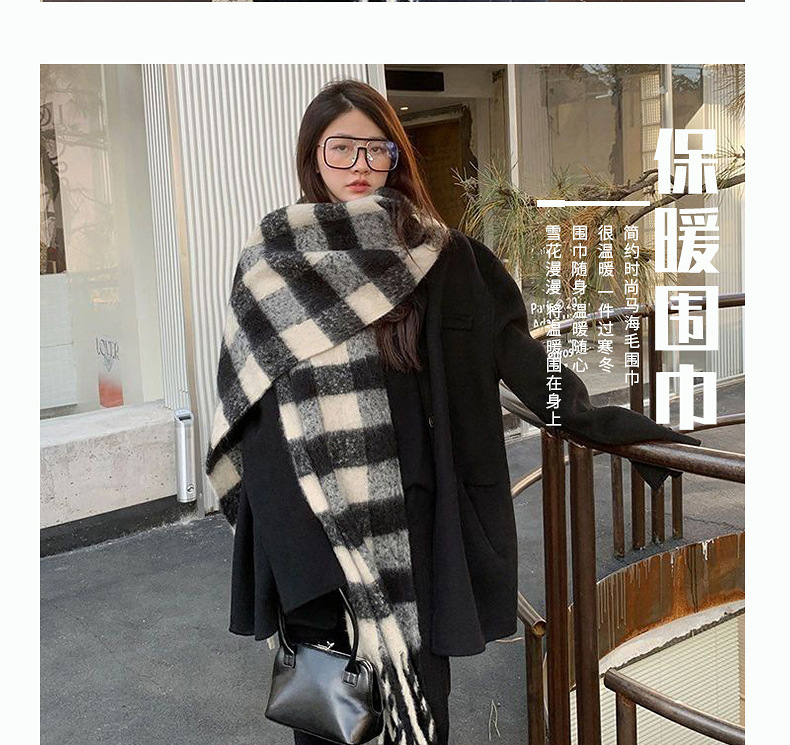 欧美爆款黑米格子围巾女甜美围脖冬季加厚保暖流苏情侣披肩百搭详情3
