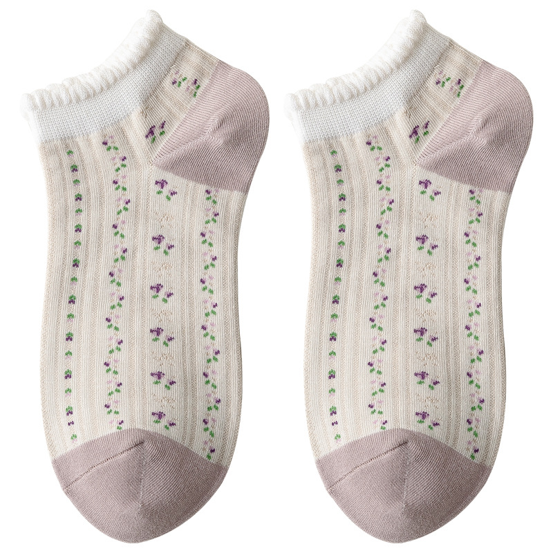 Women's spring and summer invisible socks, women's shallow mouth versatile new floral short socks, breathable and damp cotton socks, women's boat socks Item Picture