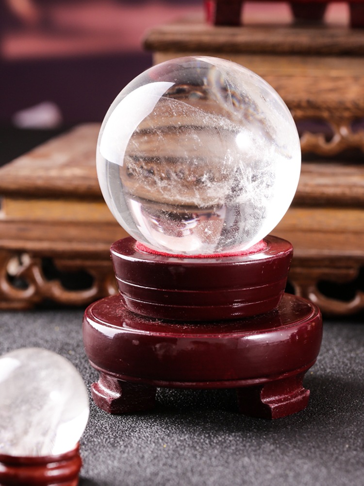 Natural powder crystal ball topaz white crystal Dongling jade ball home office desktop ornaments with base details Picture