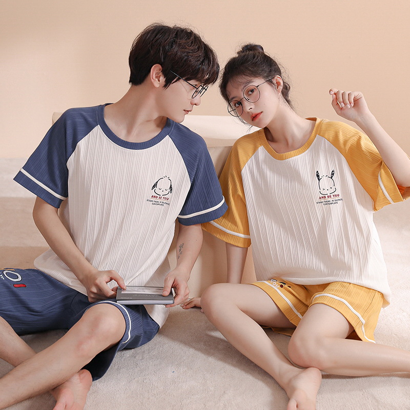 New couple short-sleeved shirts, shorts, pajamas, women's summer thin combed cotton, men's home wear sets, loose, casual and cartoon Specification image