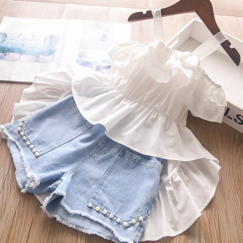 Ancorelala Children's Wear 2021 summer new fashion halter dovetail skirt top and denim shorts two-piece set details Picture