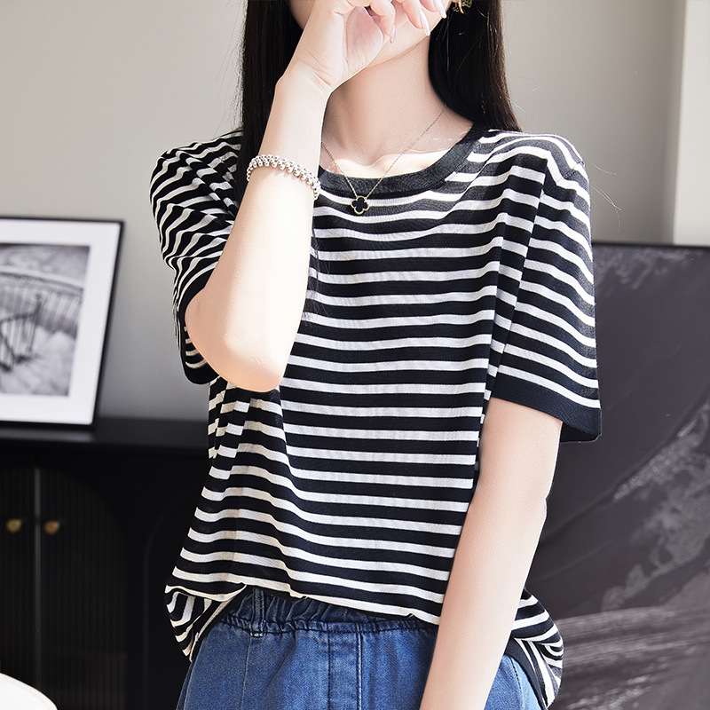 Summer Tencel striped short-sleeved T-shirt for women, 2025 new style top base layer, shoulder top, half-sleeved inner layer, loose Specification image