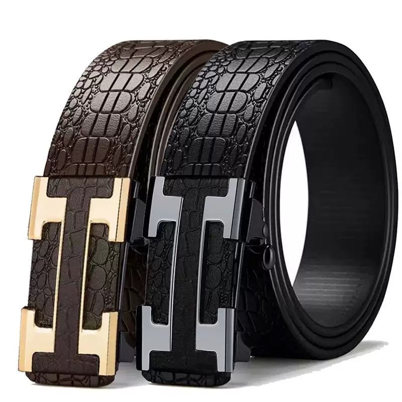 Men's toothless inner wear letter automatic buckle cowhide crocodile pattern belt, casual and versatile belt factory direct sales